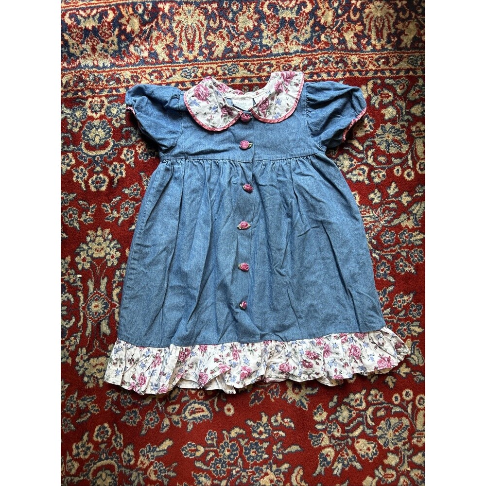 Vintage Hearts & Flowers Girls Floral Collar Buttons Denim Dress 4T 100% Cotton